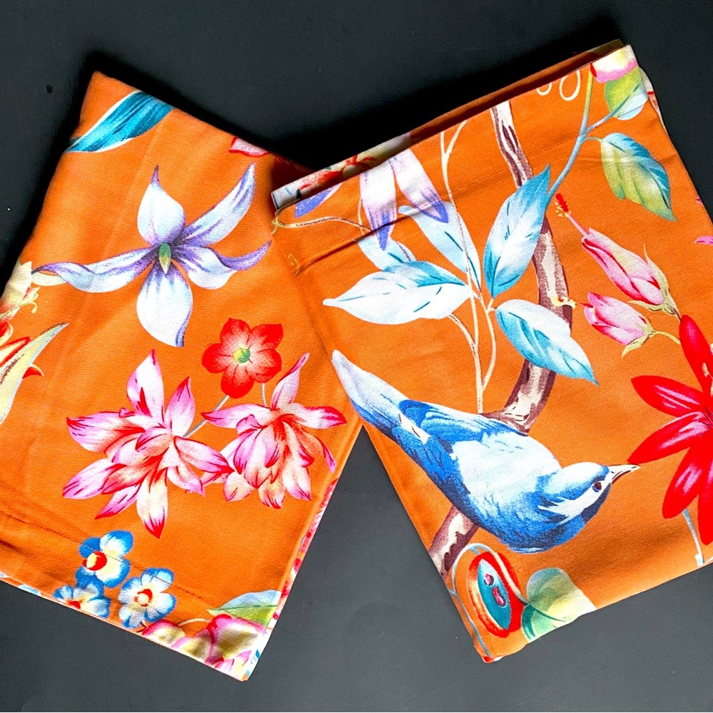 Eikei Pillow Case Covers Pair Birds Botanical Garden Flower Orange Print 32x22”